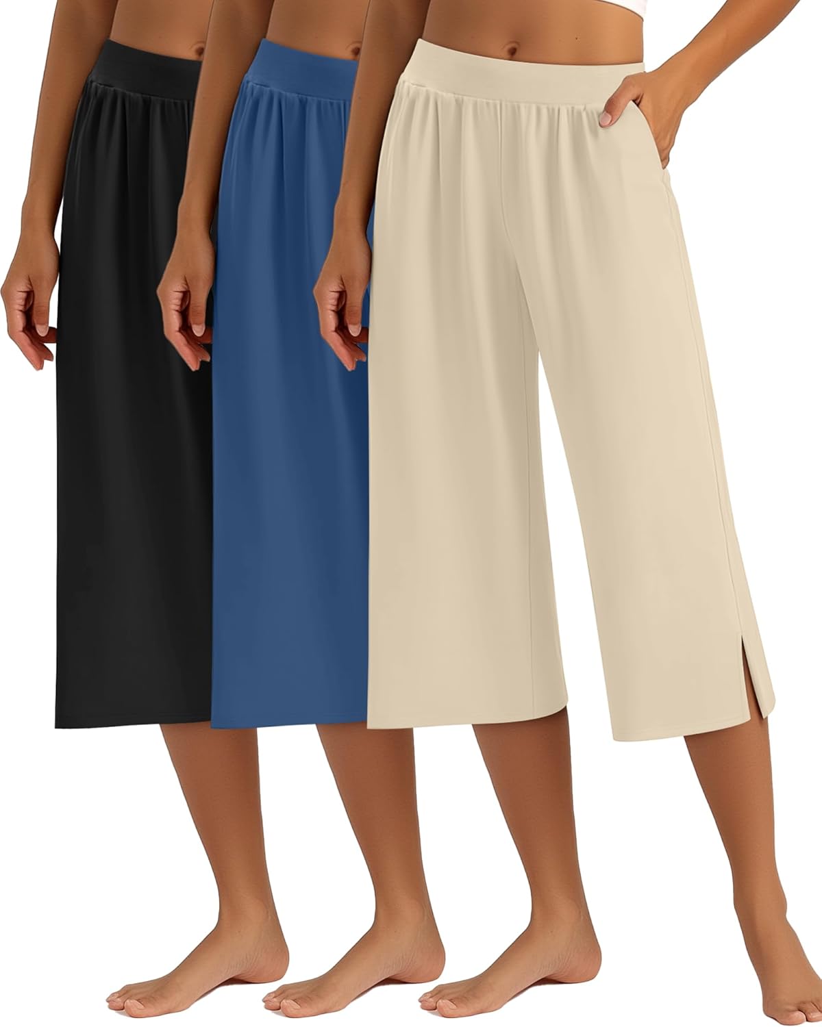 3 Pack Women's Capri Pants Capri Joggers Loose Cropped Workout Sweatpants Running Lounge Pants with Pockets Small Black,denim Blue,apricot