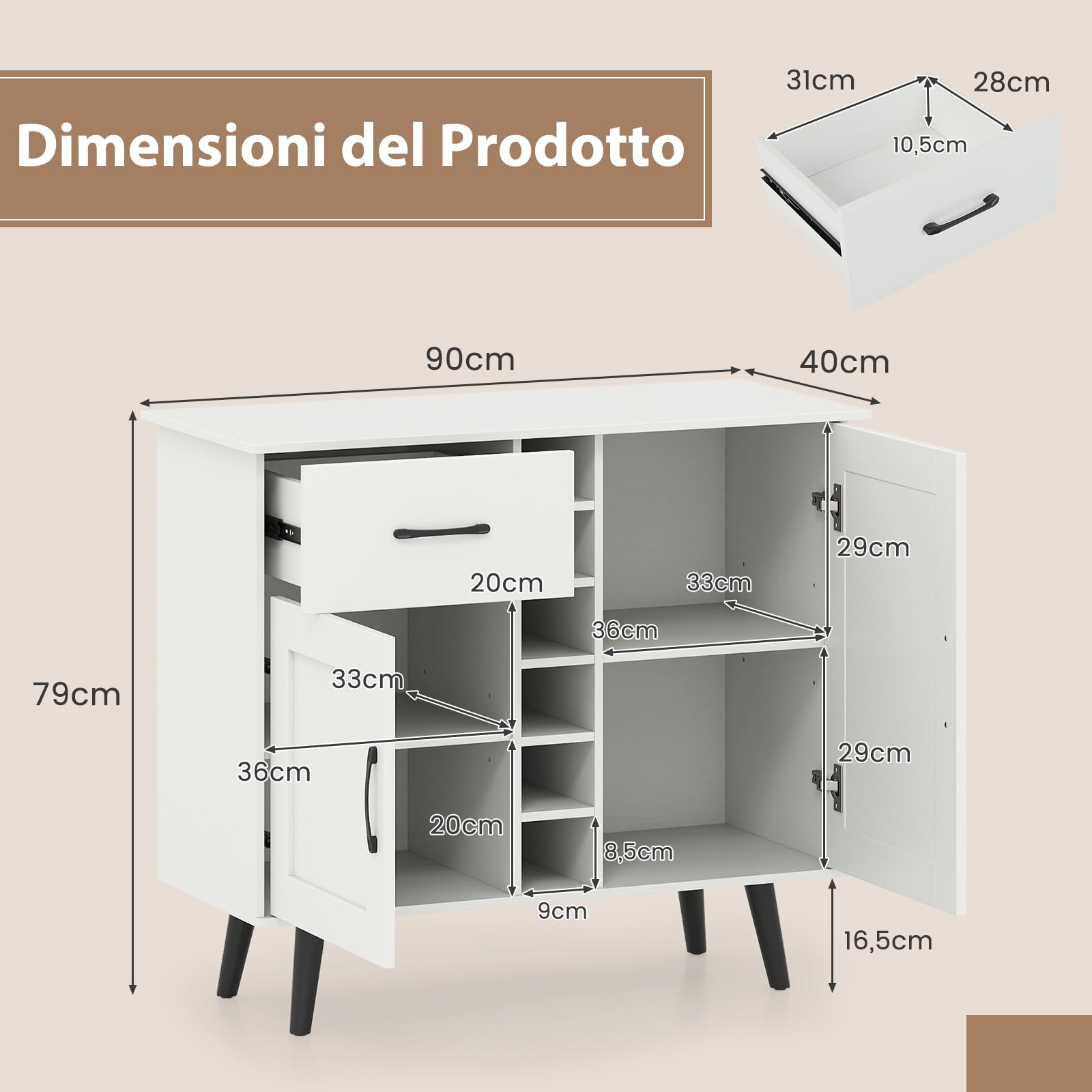 RELAX4LIFE Mobile Bar per Vino, Credenza con 2 Ante e 1 Cassetto, Porta Bottiglie da 6, Ripiani Regolabili, Credenza con Spazio per Vino per Cucina, Sala da Pranzo, Soggiorno