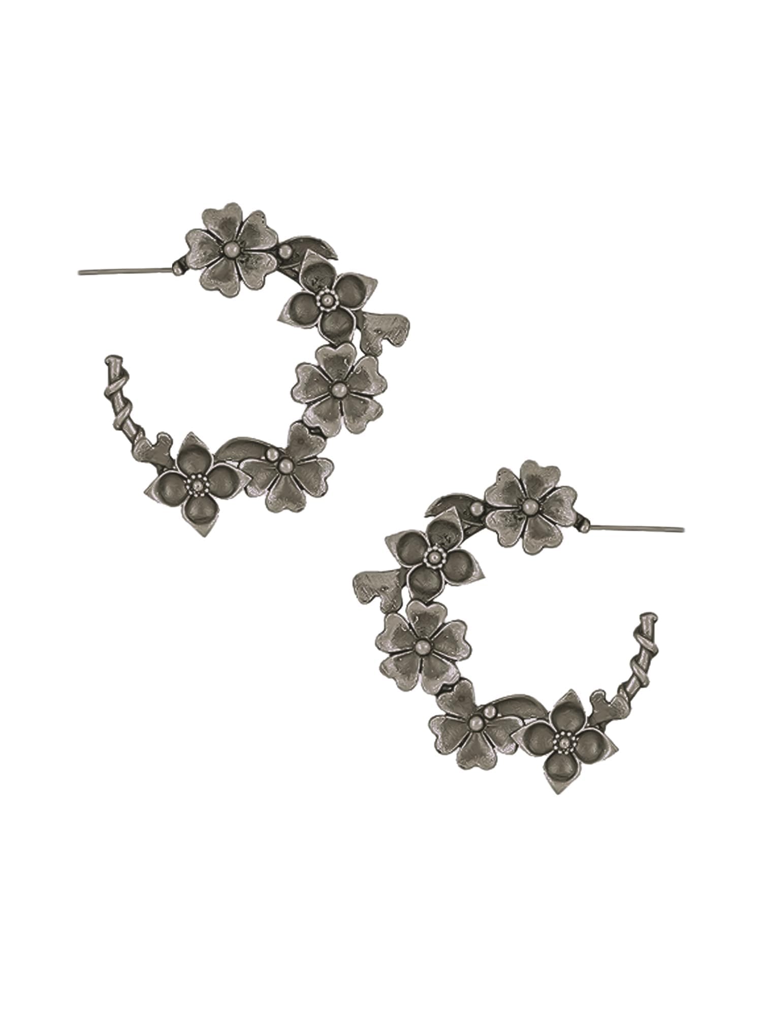 Silver Oxidised Hoops Earrings for Women Girls | Floral Shaped Traditional Silver Oxidised Plated Hoop Earrings | Eternal Elegance | Birthday Anniversary Gift For Girls Women-image-1