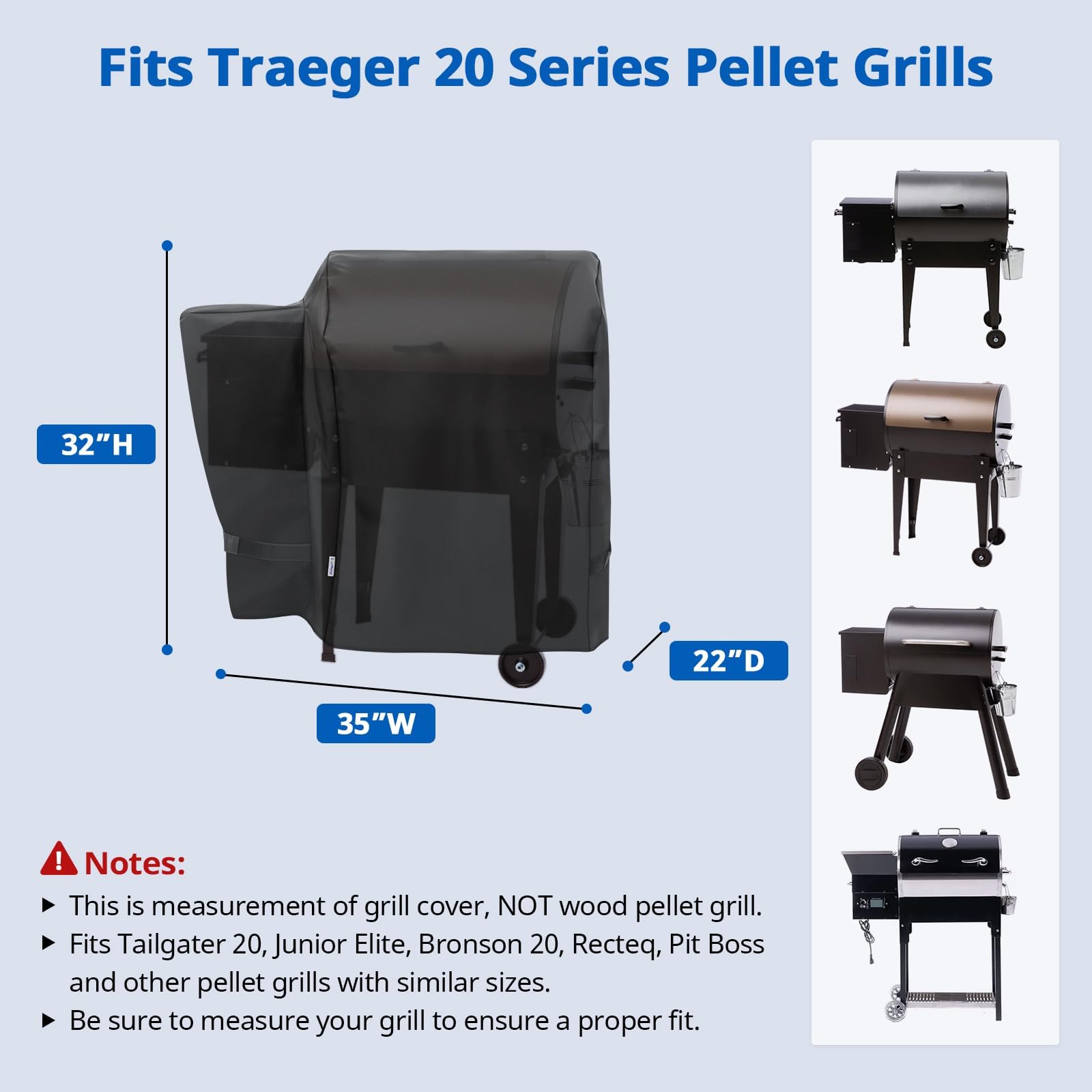 SunPatio Outdoor Heavy Duty Waterproof Grill Cover for Traeger 20 Series Wood Pellet Grill and Smoker, Junior, Tailgater and More, Full Length Barbecue Grill Cover, All Weather Protection, Black