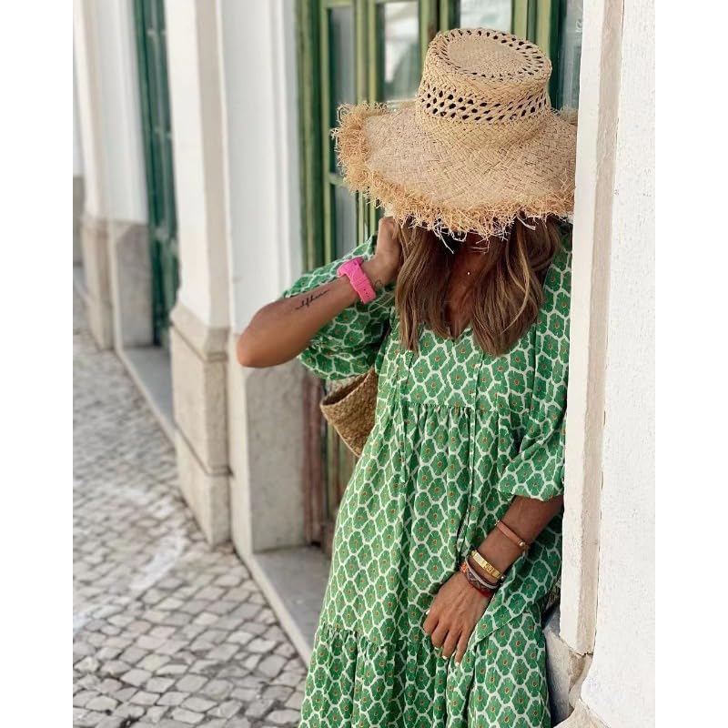 Image of Womens 2024 Casual Boho Maxi Dresses V Neck 3 /4 Puff Sleeve Geometric Pattern Smocked Ruffle Beach Long Sundress