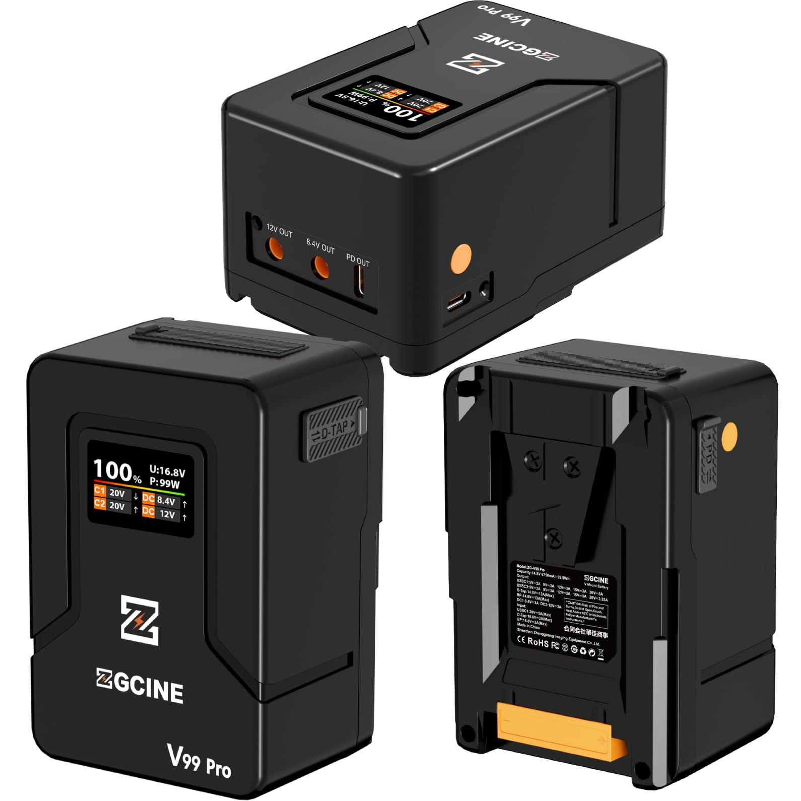 ZGCINE ZG-V99Pro V-Mount Akku 14.8V 99.9Wh 6400mAh PD USB-C 100W Schnellladung mit D-Tap BP USB-Anschlüssen für Kameras, Camcorder, LED-Leuchten, Monitore – Schwarz
