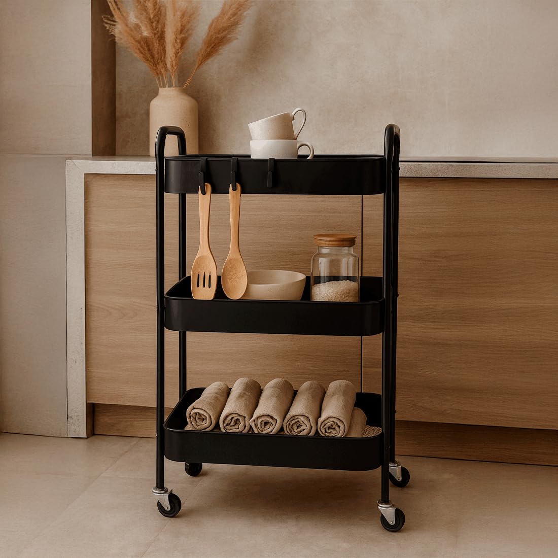 Acomoda Textil - Camarera Auxiliar para Almacenamiento Cómoda, Ligera y Resistente en Cocina, hogar y Restaurante. Carrito de Cocina Multiusos de 3 Niveles con Ruedas 30x45x75 cm. (Negro)