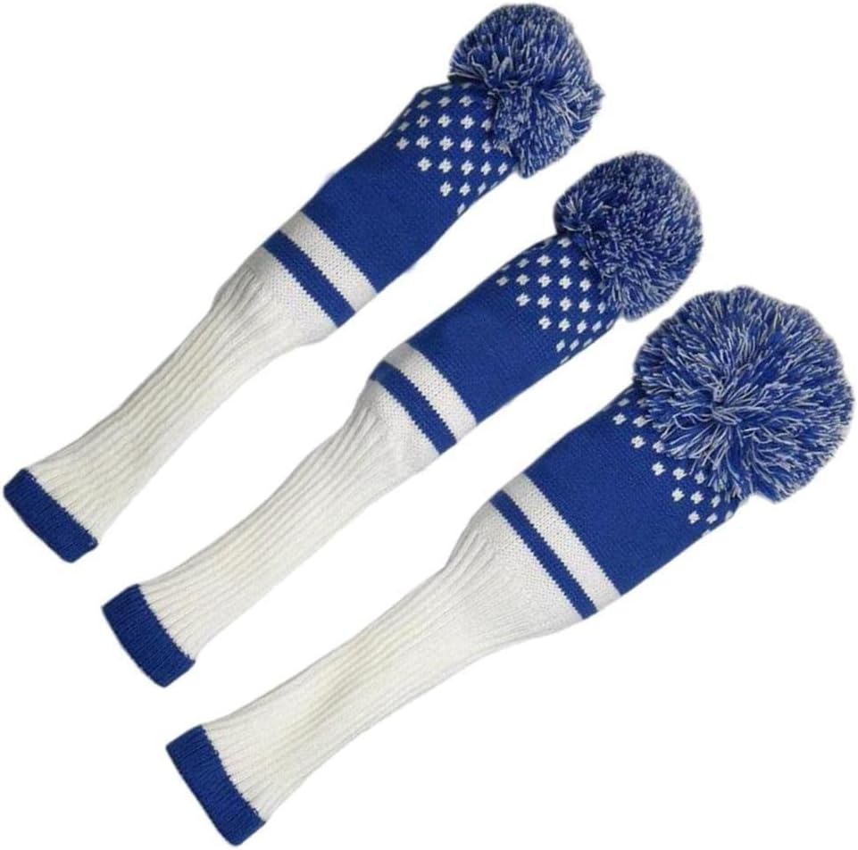 Knitted Golf Club Head Covers Driver with Pom Poms - Set of 3 Stylish Knit Covers for Woods and Putter - s Clubs from Scratches and Dings - Perfect Golf Accessories for Traveling - White Blue