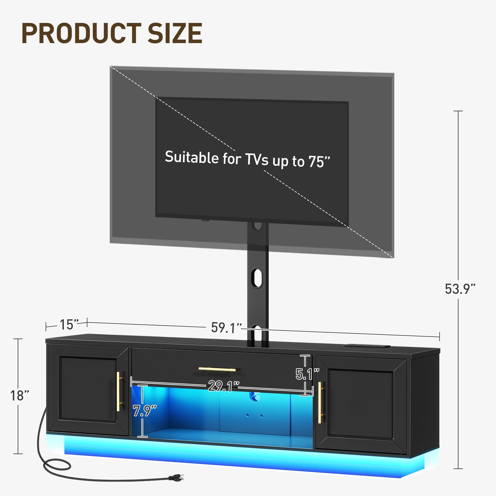 TV Stand with Mount Power Outlet 59.1", Swivel LED Entertainment Center for 32/45/55/60/65/75 inch TVs, Height Adjustable Modern Media Console Cabinet, TV Table for Living Room, Bedroom, Black