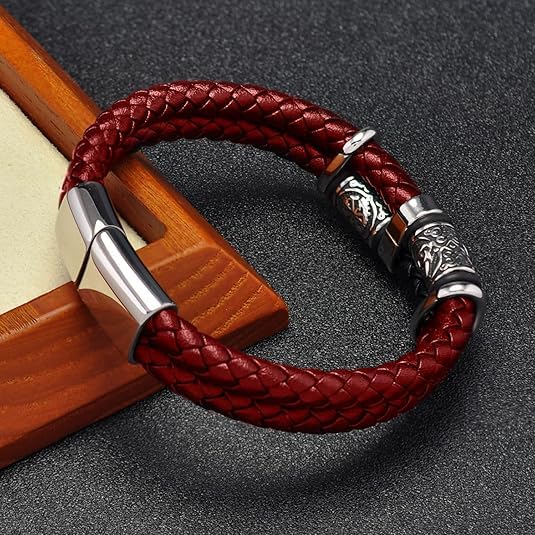 Mens Double Row Braided Leather Wristband Stainless Steel Beaded Double Layer Leather Cord Wristband Bangle Viking Bracelet Gift for Men - Image 6