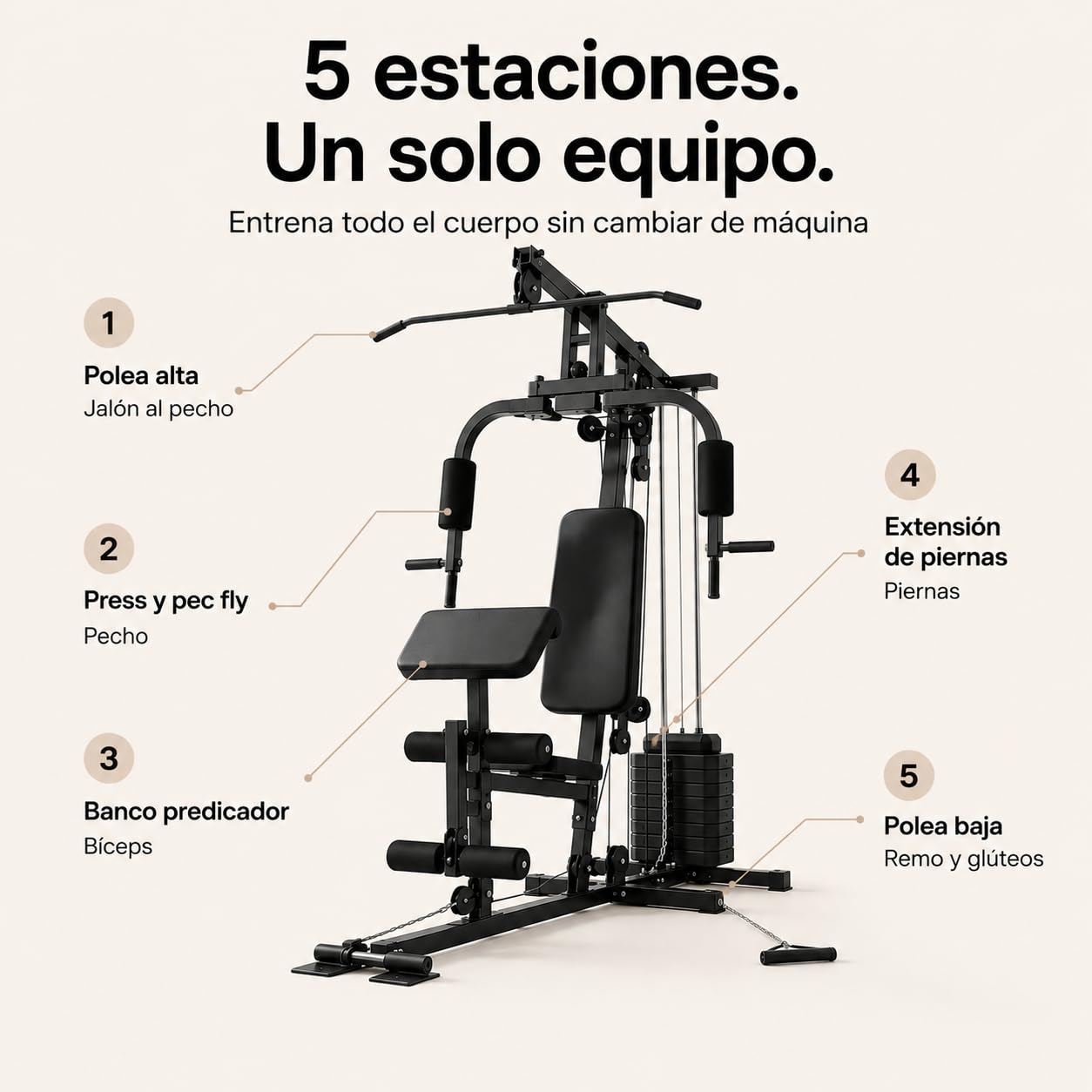 Estación musculación multifunción poleas 132 × 95 × 202 cm – Jalón Pecho, Press Pecho, PEC Fly, Curl bíceps predicador, extensión piernas, polea Baja, Gimnasio casa