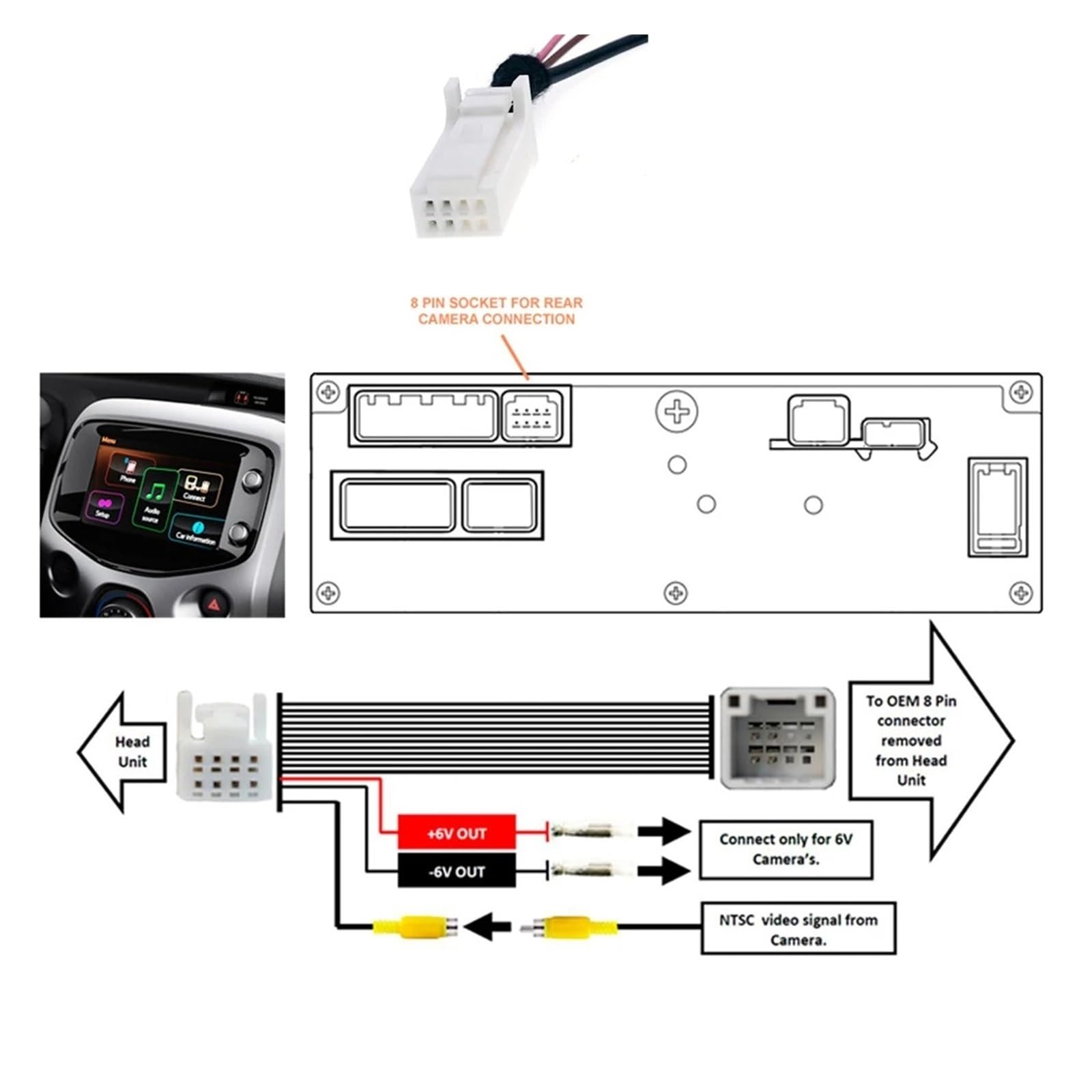 Retrocamera Auto Cavo Adattatore Per Telecamera Posteriore Per Retromarcia Autoradio A 8 Pin Da 12 V A 6 V E 5 V Per Aygo Per Citroen C1 Per Peugeot 108(B)