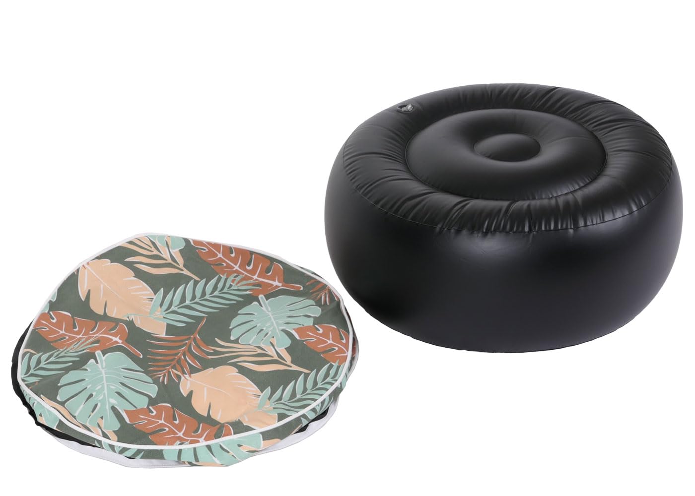 Mendler Pouf poggiapiedi Gonfiabile Interno Esterno HWC-G31 Spun Poly 55x55x29cm Foglie