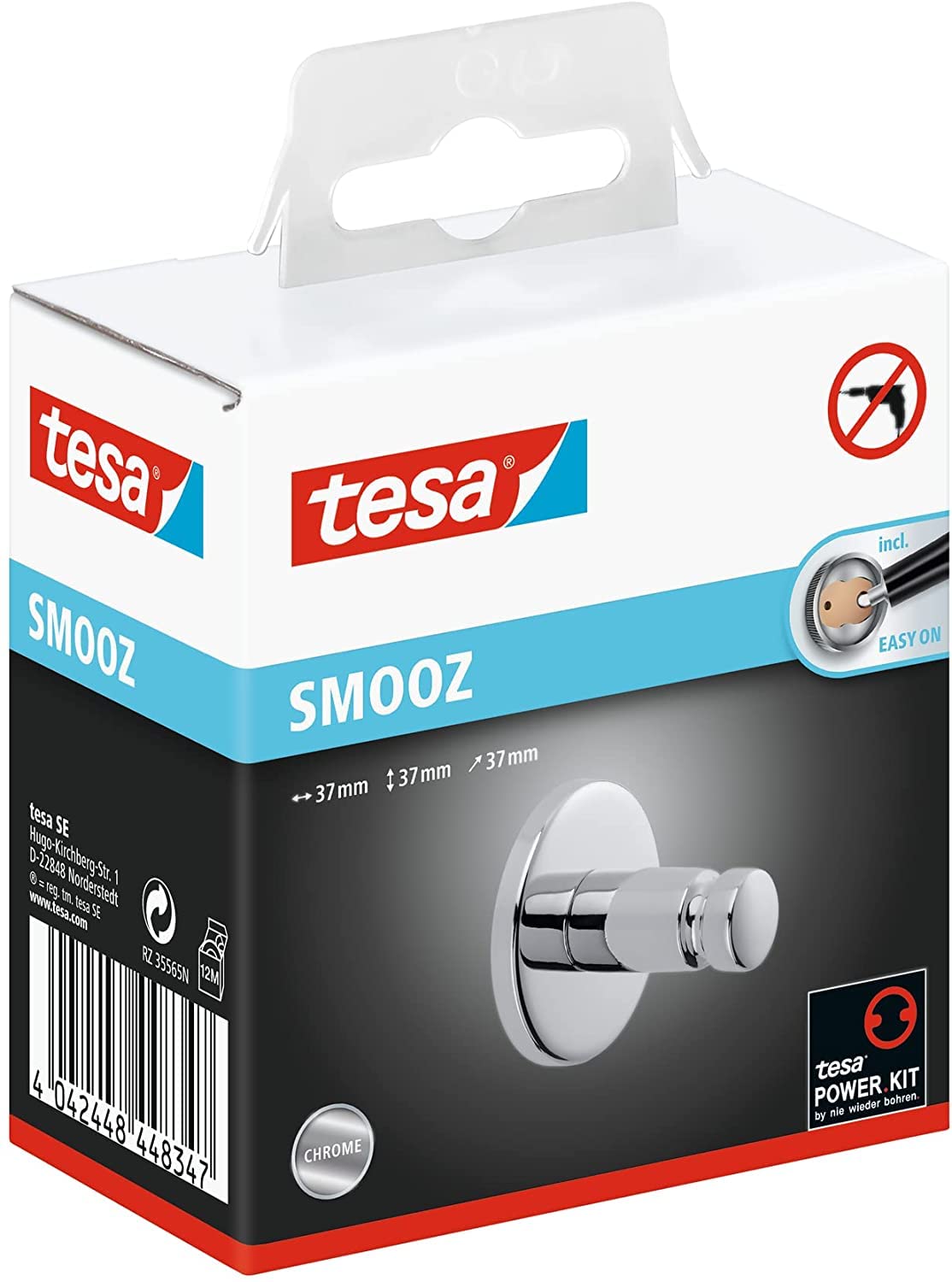 tesa® Smooz Towel Hook, high Gloss Chromed Metal, self-Adhesive, Adhesive mounting Technology, 37mm x 37mm x 37mm