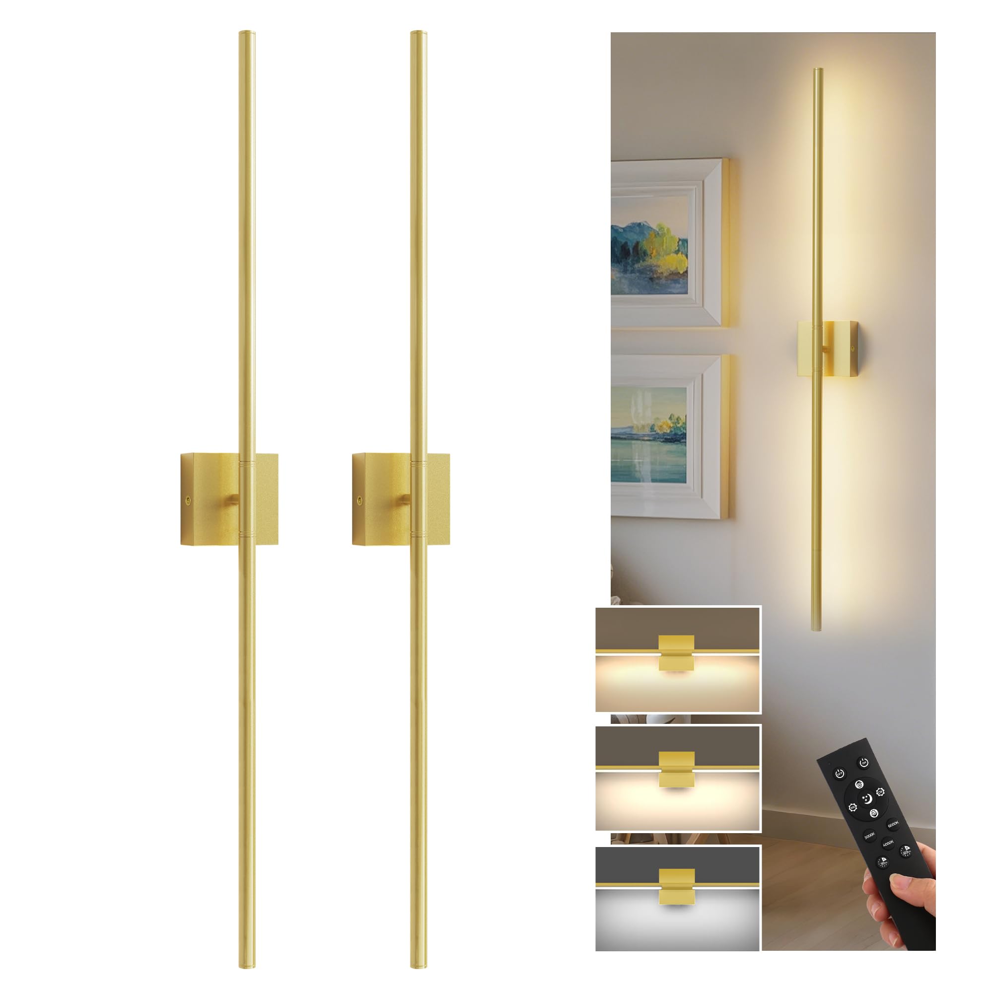 L LOHAS LED Battery Operated Wall Sconces Set of 2, Battery Wall Sconce 10000mAh, Gold Rechargeable Sconces 3CCT, 31.6 Inch Wireless Wall Lights, Sconce Wall Decor for Bedroom, Living Room