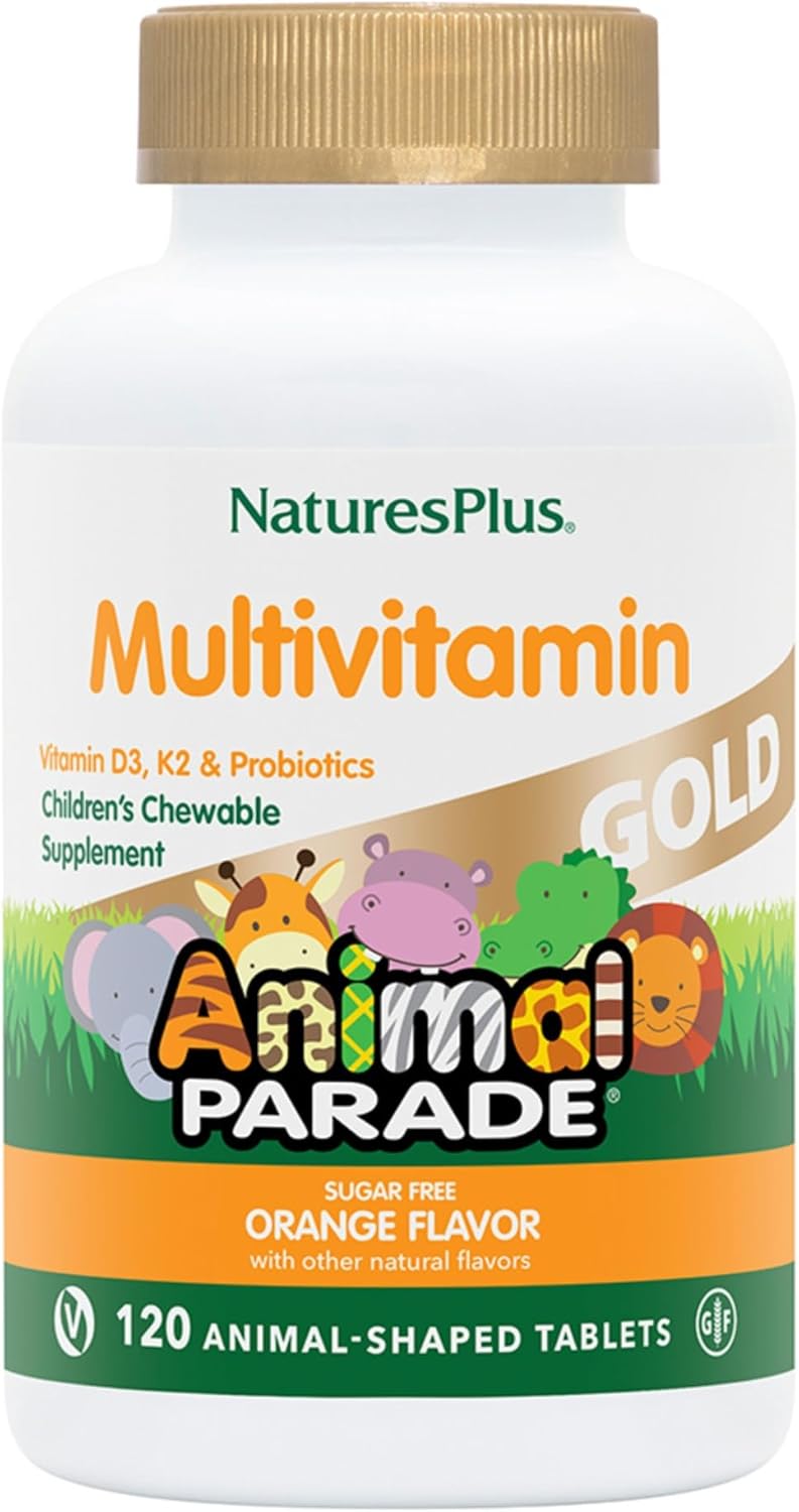 NaturesPlus Animal Parade Source of Life Gold Children's Multivitamin - Orange Flavor - 120 Chewable Animal Shaped Tablets - Immune Support Supplement - Gluten-Free - 60 Servings