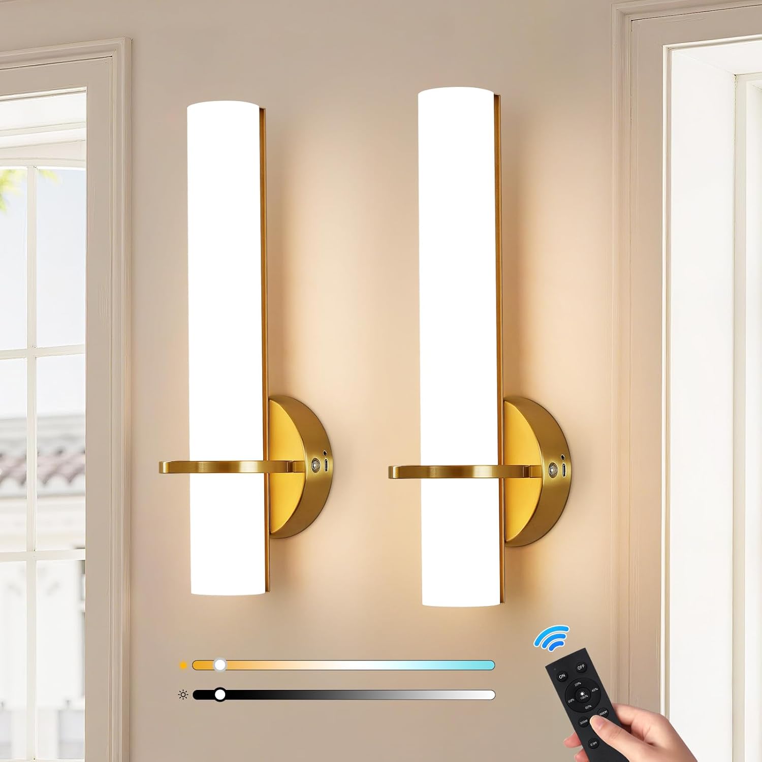 Battery Operated Wall Sconces, 15 Inch Gold Wireless Wall Sconces Set of Two, 10000mAh Rechargeable Sconces with Remote Control, 3000K-6000K Modern LED Dimmable Wall Lights for Bedroom Living Room