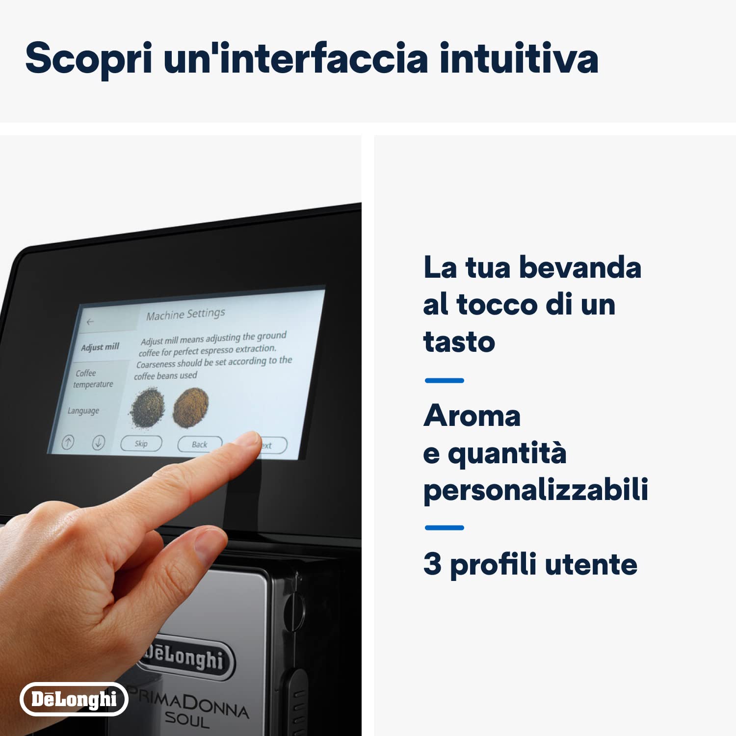 De’Longhi PrimaDonna Soul – Perfetto Macchina da Caffè Automatica, LatteCrema Montalatte Automatico, 18 Bevande in un Solo Tocco, Display Full-Touch, Argento e Nero (ECAM612.55.SB)