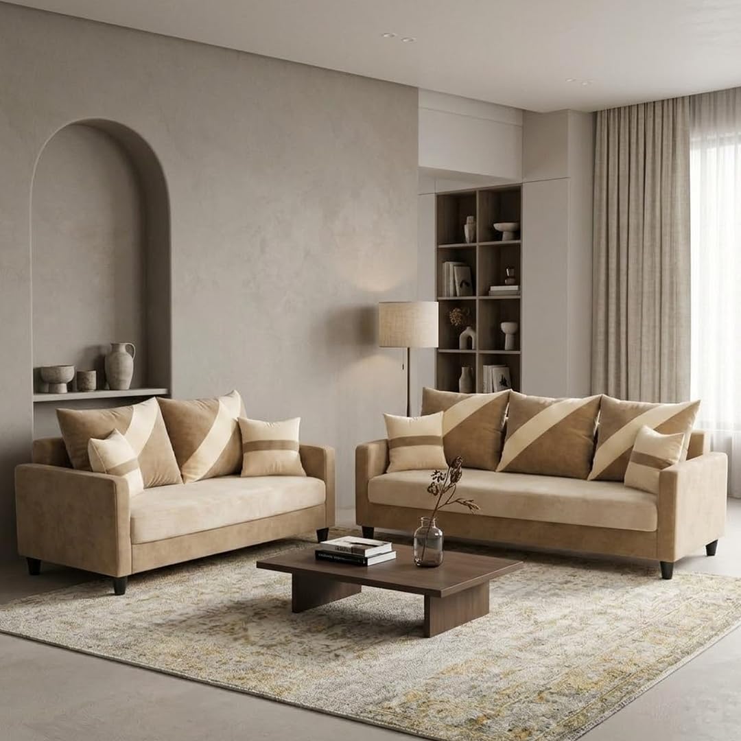 FURNY Charlotte 3 Seater + 2 Seater Fabric Sofa Set (Cream - Beige) with Velvet Finish | Durable Comfort | Ideal for Living Room-image-28
