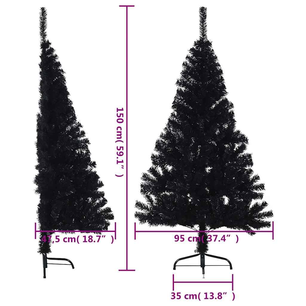 Árbol de Navidad artificial semicircular negro 150 cm con 340 ramas de PVC y soporte de acero estable semicircular para salón, oficina, interior y exterior, decoración festiva de Navidad