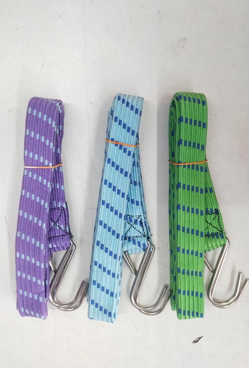 Radhe SALESMultipurpose Ultra Flexible Bungee Motorcycle Bike Luggage Elastic Strap/Rope with Metal ABS Hook 6 ft Elastic Bike Scooty Bungee Cord Utility Rope Multicolor Width -25mm, Pack of 3