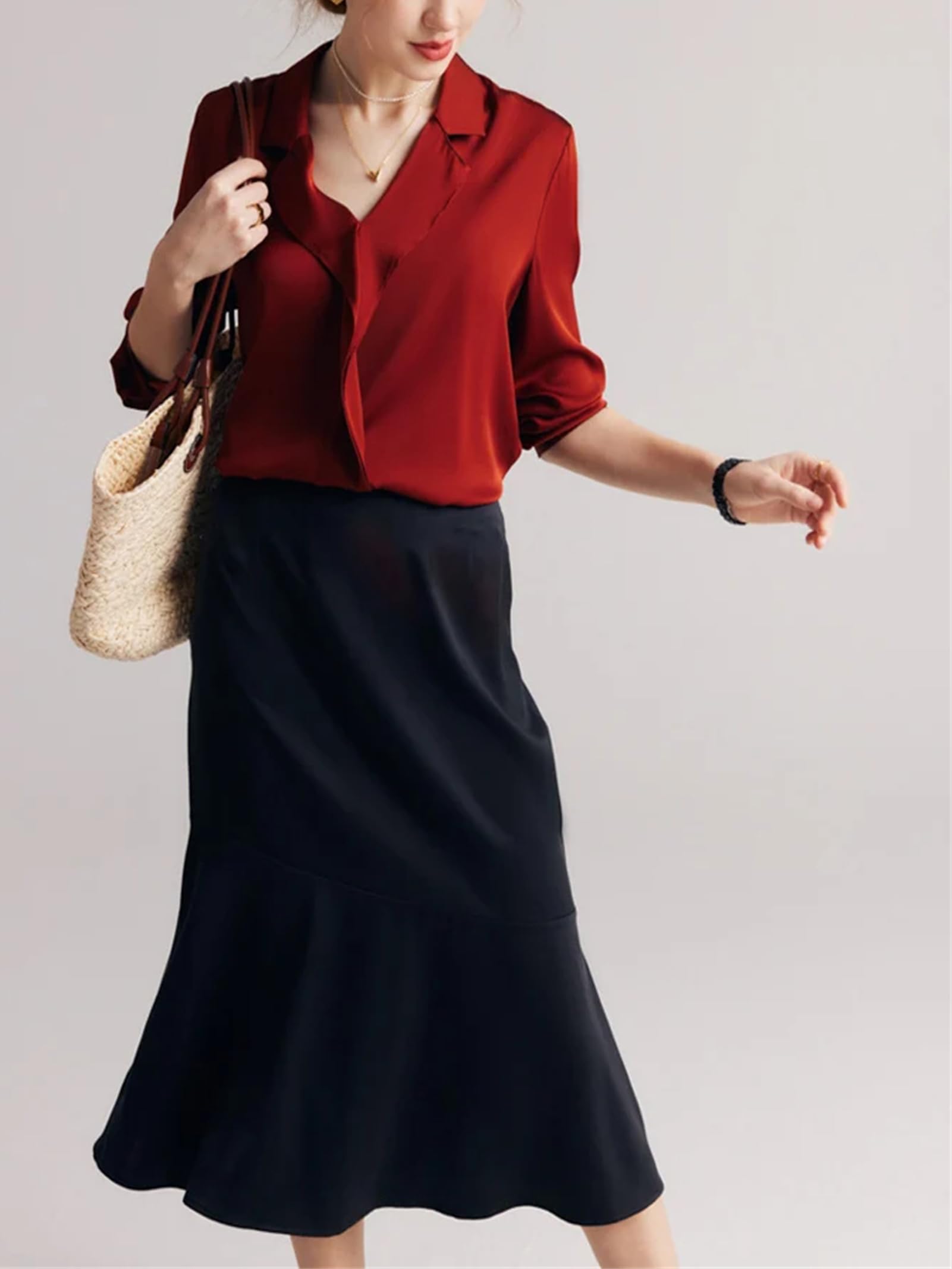 Blusas elegantes para mujer, con volantes, cuello en V, lisas, para oficina