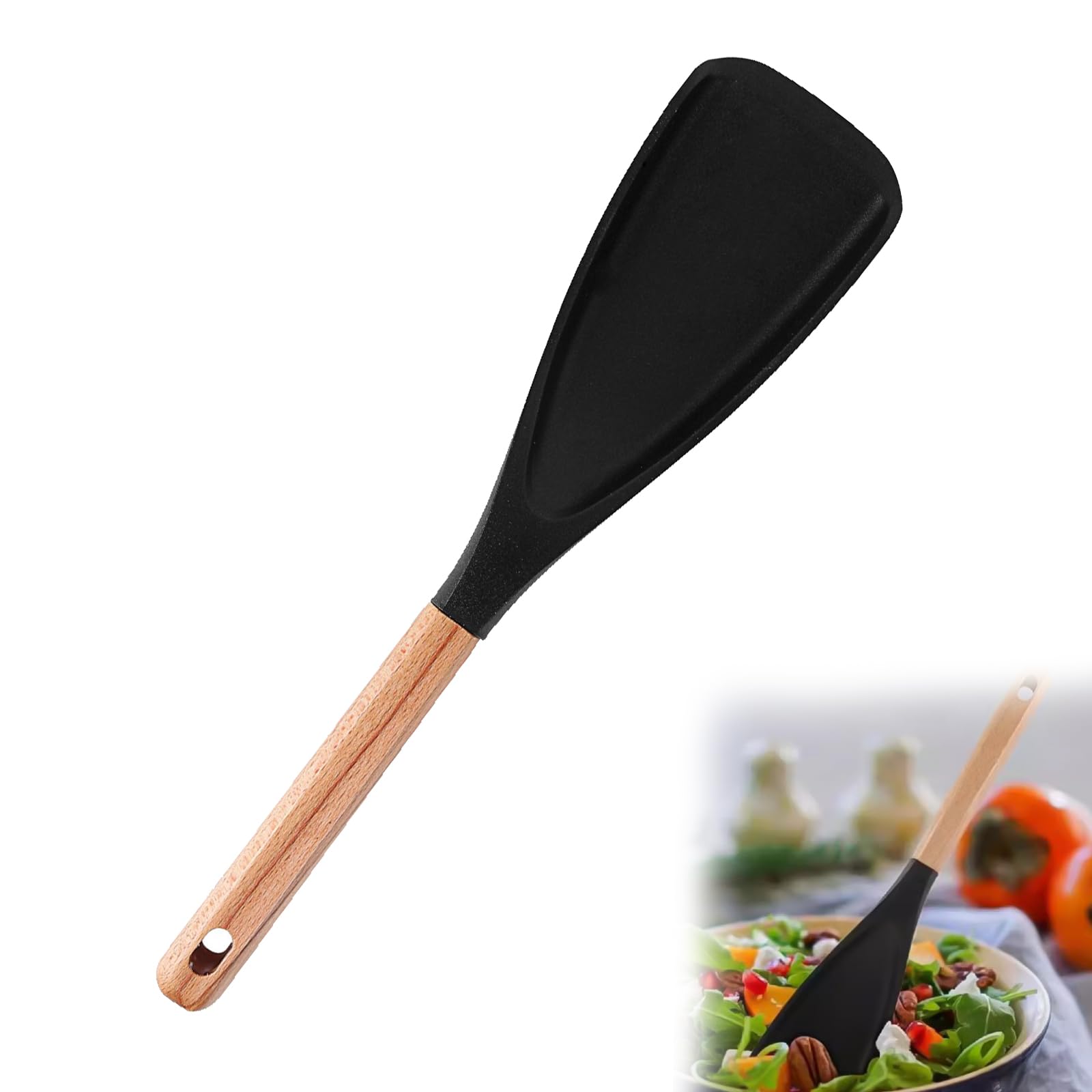 Espátula multifunción, cuchara de silicona antiadherente con asas de madera, cuchara multifunción mate para agitar, hornear, freír, raspar y recoger (negro)