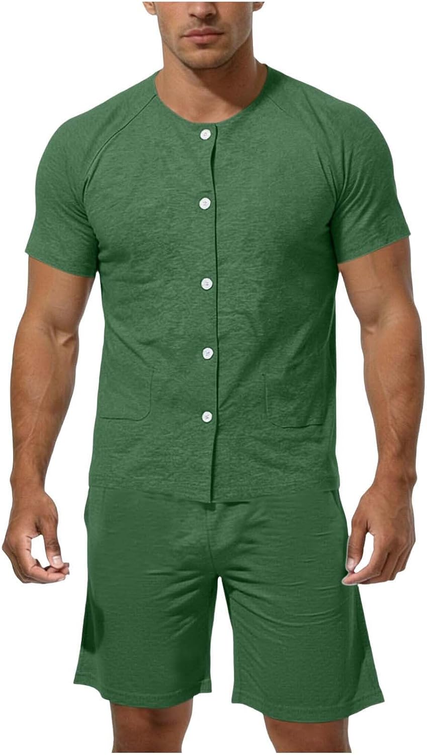 Men Two Piece Short Outfits Sets Summer Open Front Tops and Shorts Crew Neck Lightweight Clothing Outfits with Pockets