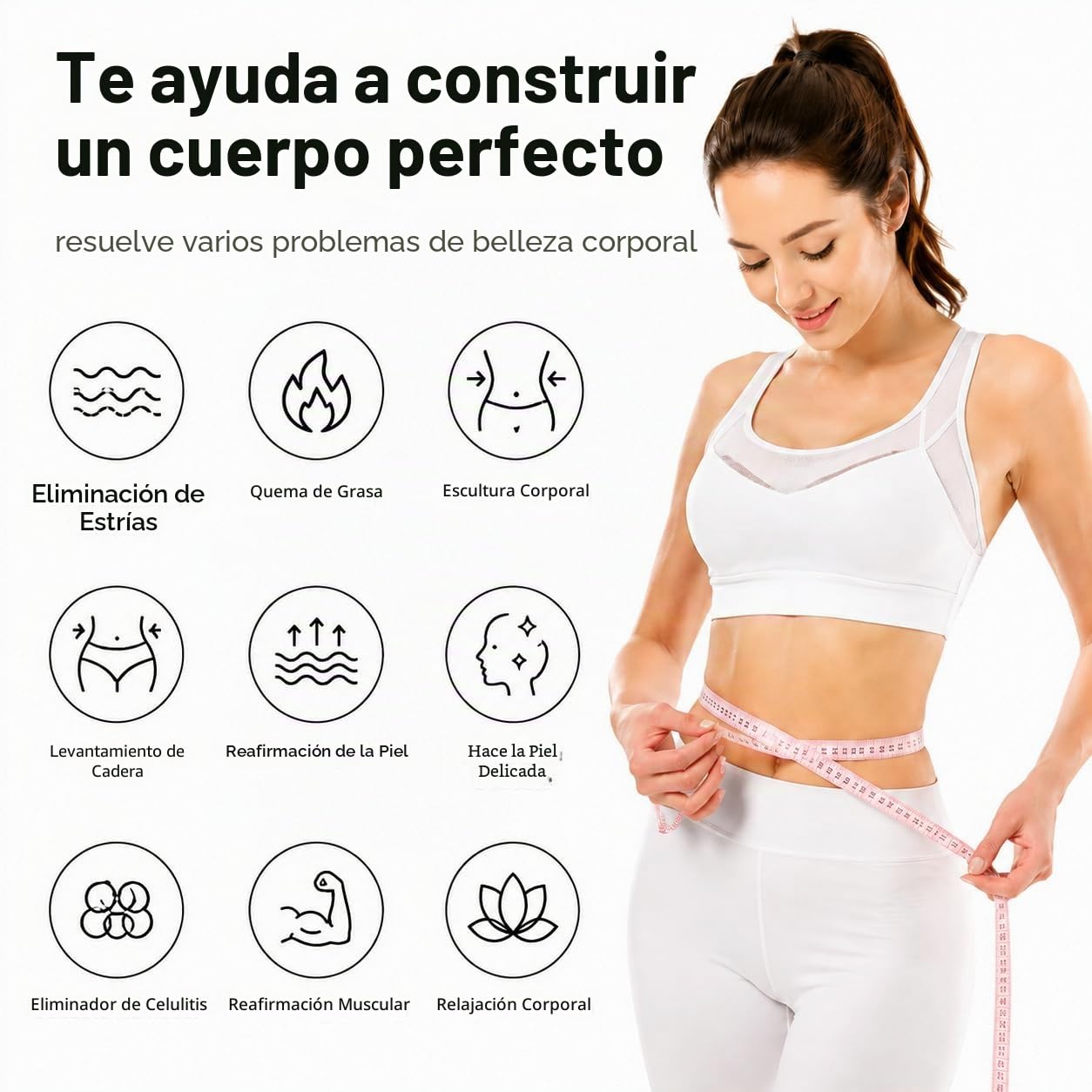 Dispositivo de radiofrecuencia para celulitis corporal, plástico blanco, incluye cable de alimentación, manual, mejora el tono