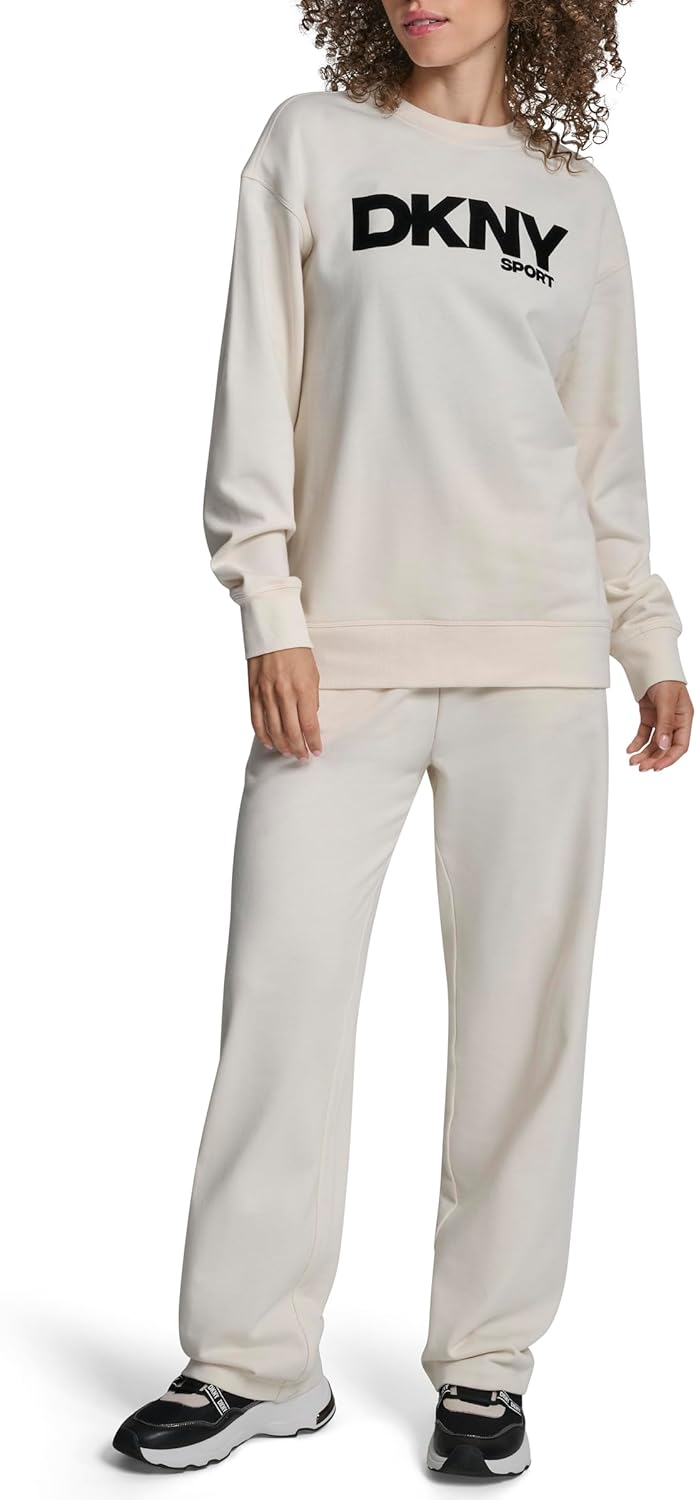 DKNY womens Long Sleeve Crew Neck Flocked Logo Pullover Sweatshirt - Image 2