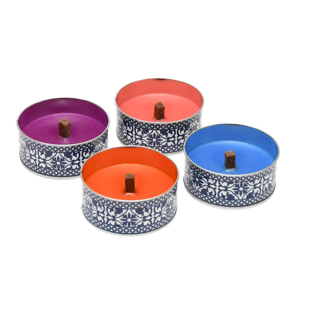 5 Stück Rivanto® Portugiesische Kerze in Dose, Ø10 x H4,5 cm, farbig sortiert, Farbwahl nicht möglich, lila/pink/orange/blau, Wachskerze in Blechdose