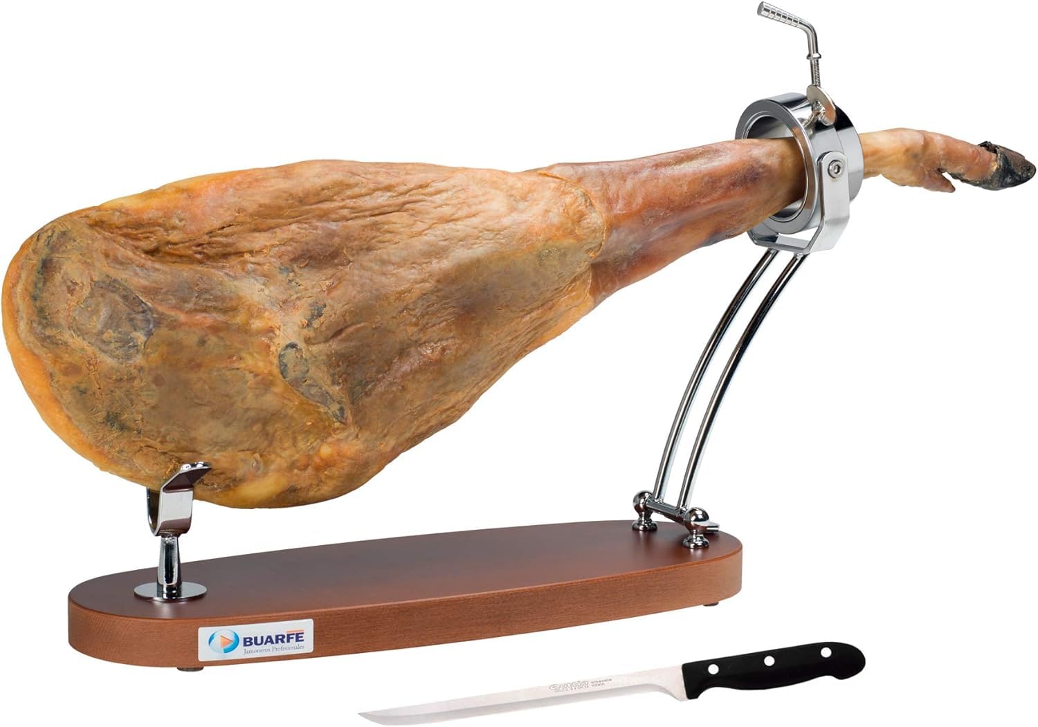 Buarfe Klappbarer Schinkenhalter aus Buchenholz, drehbar, mit Schinkenmesser (Walnuss)