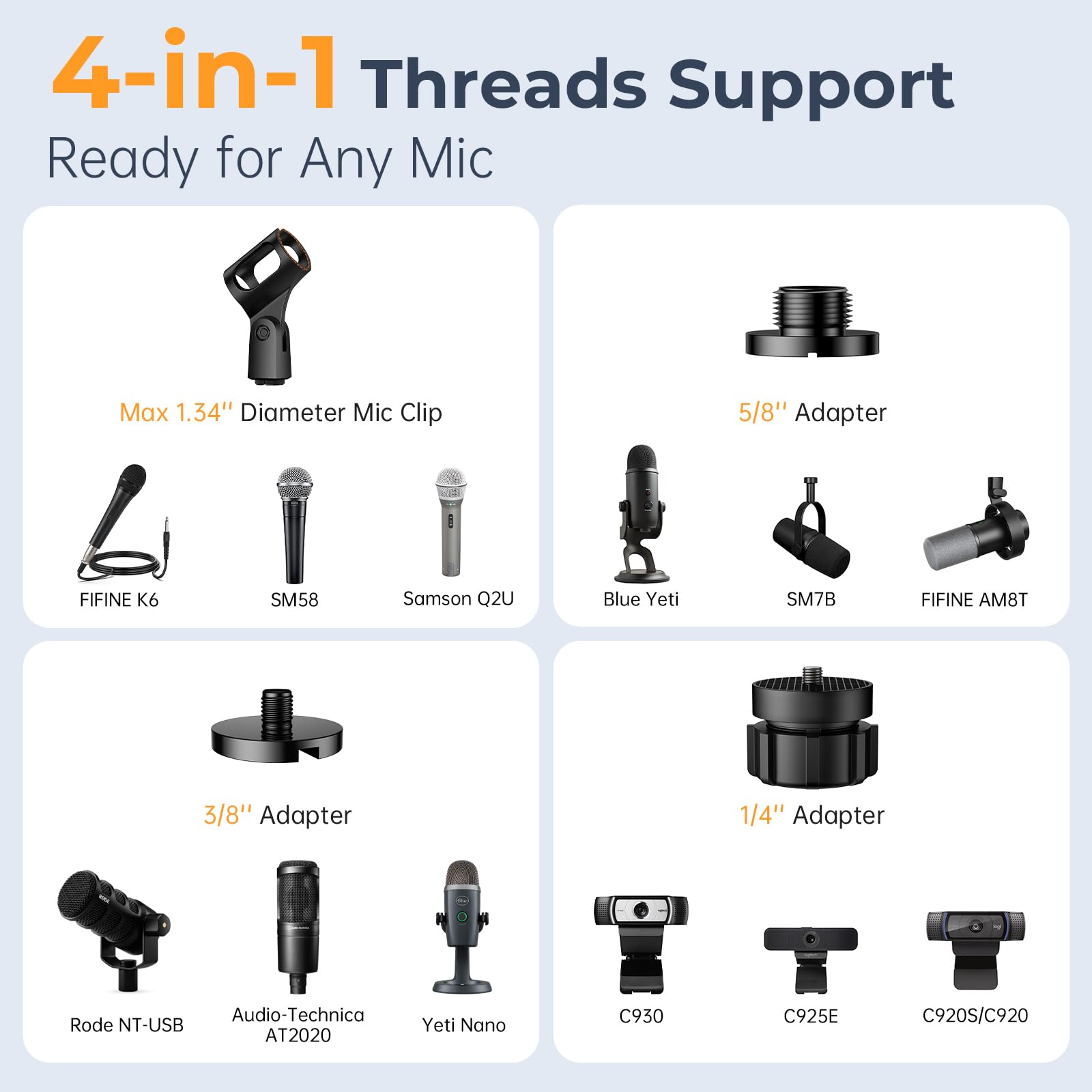 Stojak na mikrofon na biurko, regulowane ramię montażowe z wieloma wątkami do mikrofonów Blue Yeti, Fifine, Shure, HyperX i innych, kamer internetowych, aparatów - idealny do nagrywania