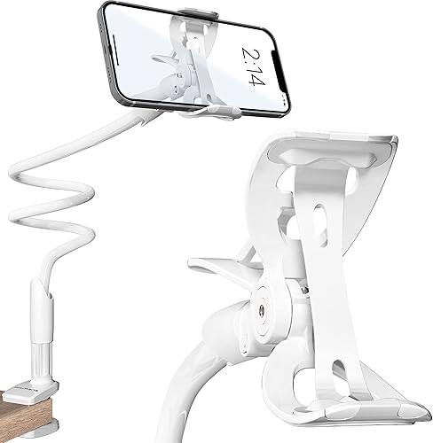 Soporte de teléfono para cama, cuello de cisne para escritorio, soporte de teléfono celular para cama con soporte superior flexible de brazo largo,