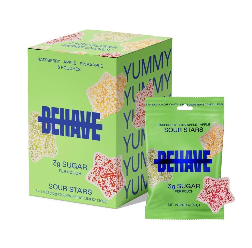 BEHAVE Low Sugar Gummy Candy (Sour Stars 6-Pack) | Keto, Diabetic Friendly, High Fiber, Gluten-Free & Non-GMO
