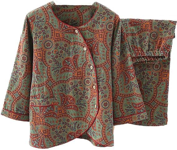 Women Sleepwear Vintage Jacquard Round Neck Button Cotton Loungewear Set, Long Sleeve Cotton Sleepwear