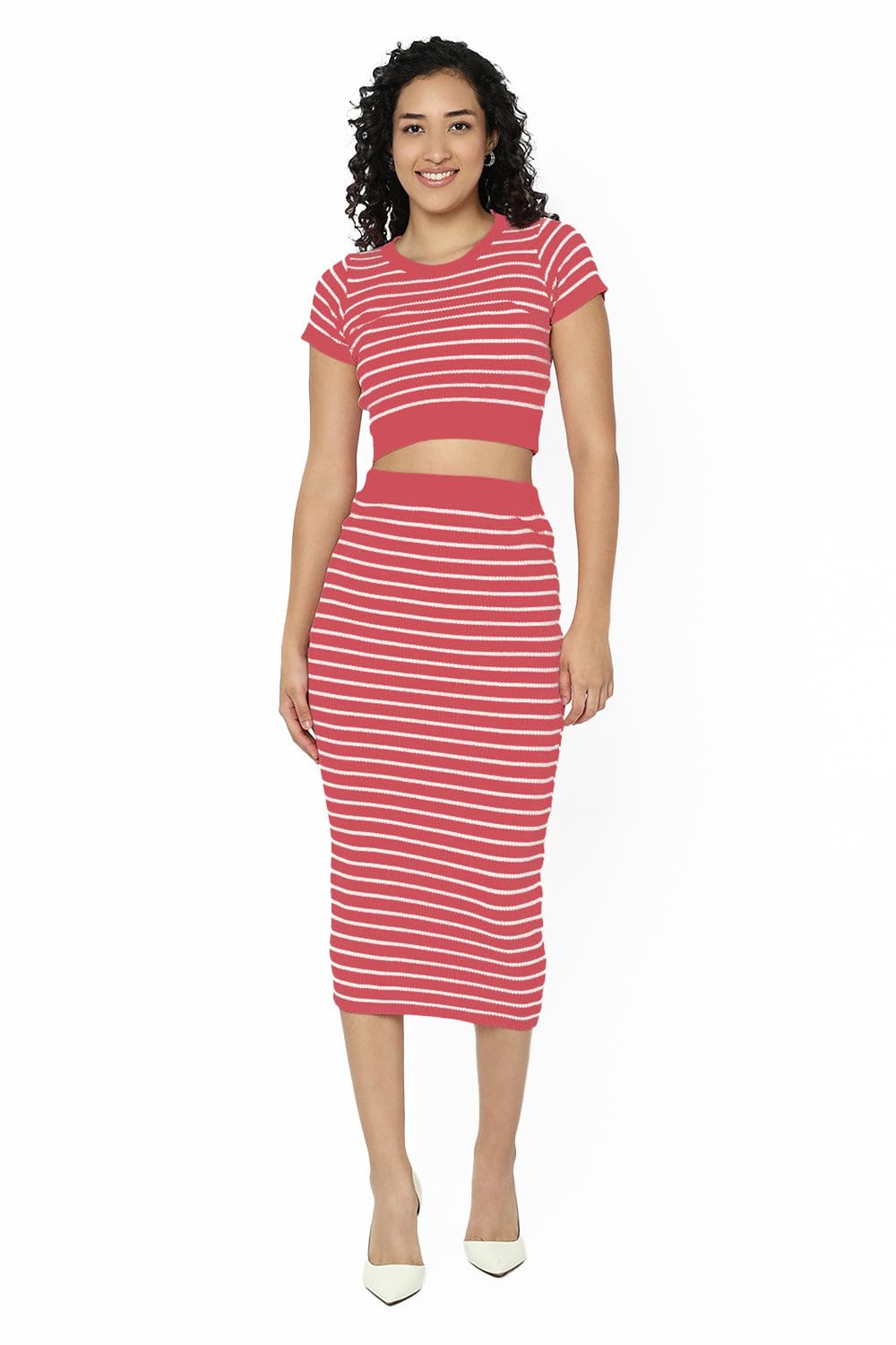 Edition Women's Striped Pink Round Neck Short Sleeves Top with Skirt Co-Ords Set-CHN-24231-1_Pink-P-image-43