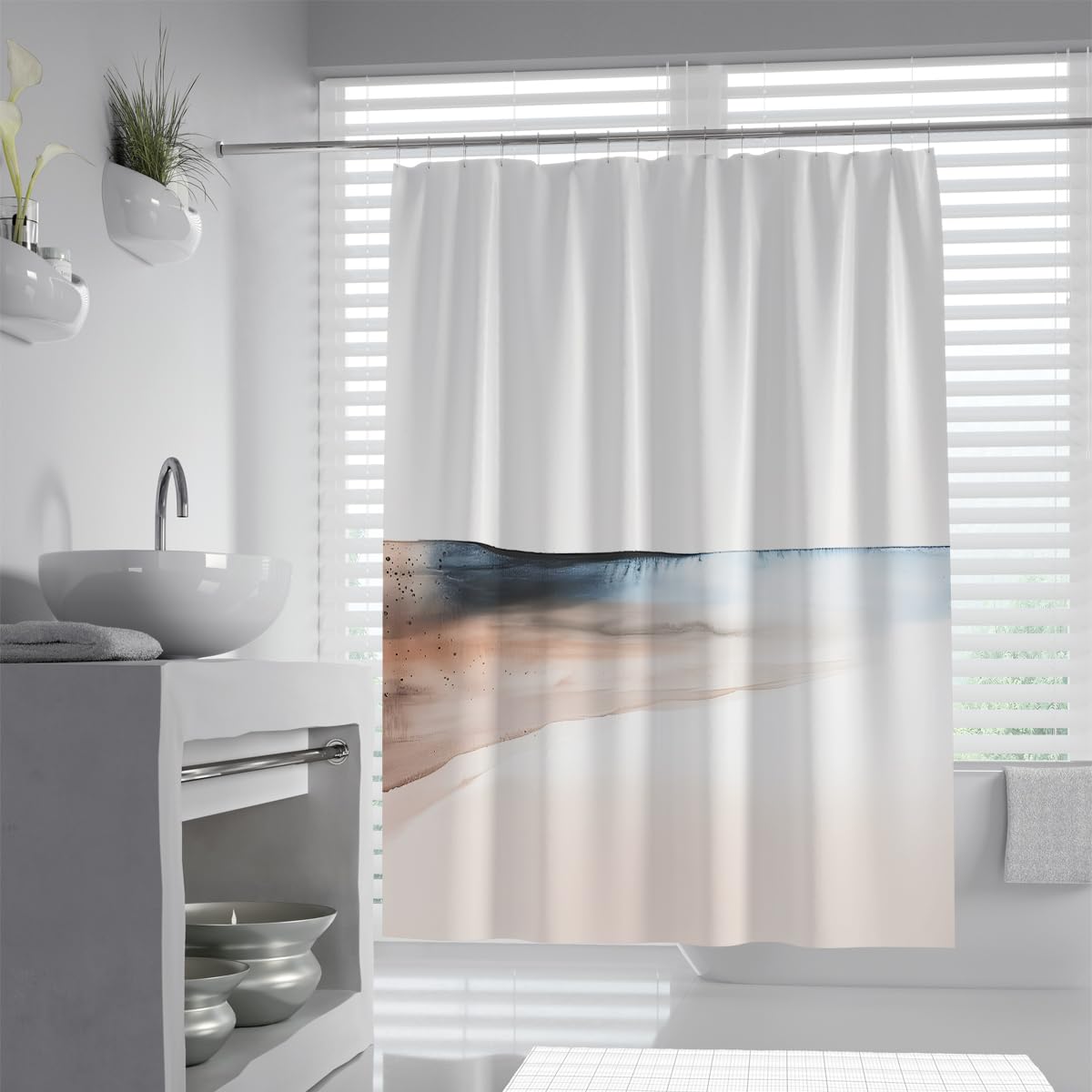 UIRINGART Minimalist Ink Shower Curtain W180xL220cm Abstract Sand Ocean Coast Wave Blue Ombre Art Waterproof Fabric Washable Lightweight Hotel Apartment Bathroom
