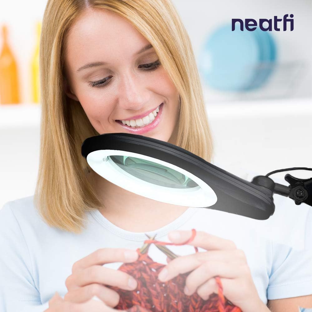 Hоttеѕt Sаlе (New Model) Neatfi Bifocals 1,200 Lumens Super LED Magnifying Lamp with Clamp, 5 Diopter with 20 Diopter, Dimmable, 60 Pcs SMD LED, 5 Inches Diameter Lens, Adjustable Arm Utility Clamp (Black)