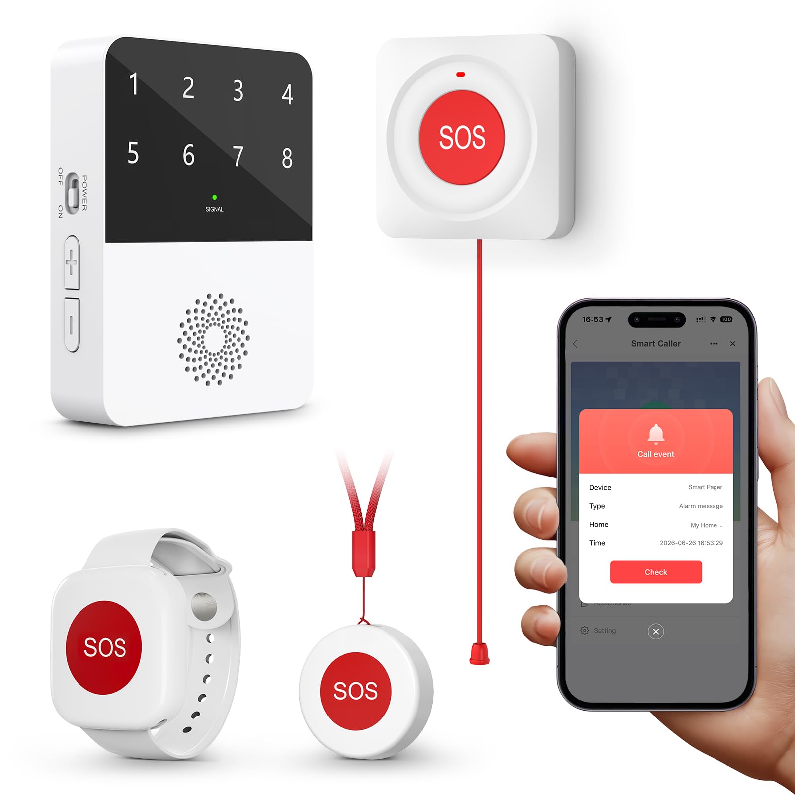 Bouton d'appel d'urgence WiFi, Alarme Personne pour Personnes Agées, Enfants, Patients, Femmes Enceintes(2 Boutons d'appel SOS, 1 Bracelet SOS, 1 Récepteur)