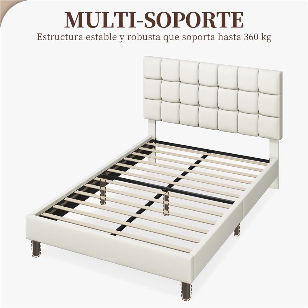 Yaheetech Marco de Cama Doble Acolchado Cuadrado 140×200cm Cabecero Ajustable en Altura con Base de Listones Color Beige