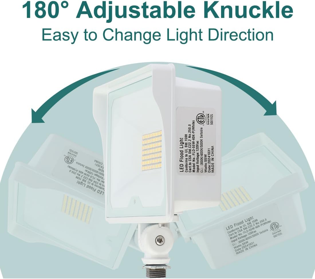 kadision 55W White LED Flood Light with Dusk-to-Dawn Photocell, 3000K/4000K/5000K Selectable, 120V 6600lm IP65 Waterproof Knuckle Mount Outdoor Security Lights, ETL Listed 1-Pack