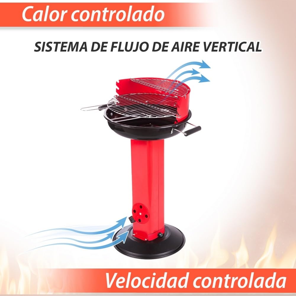 LOLAhome Barbacoa de carbón roja Aire controlado| De Ø58x84cm | Regulable 4 alturas, Doble parrilla Cocinar y Calentar, fácil montaje, fácil guardado | Para 8 comensales | Barbacoa jardín