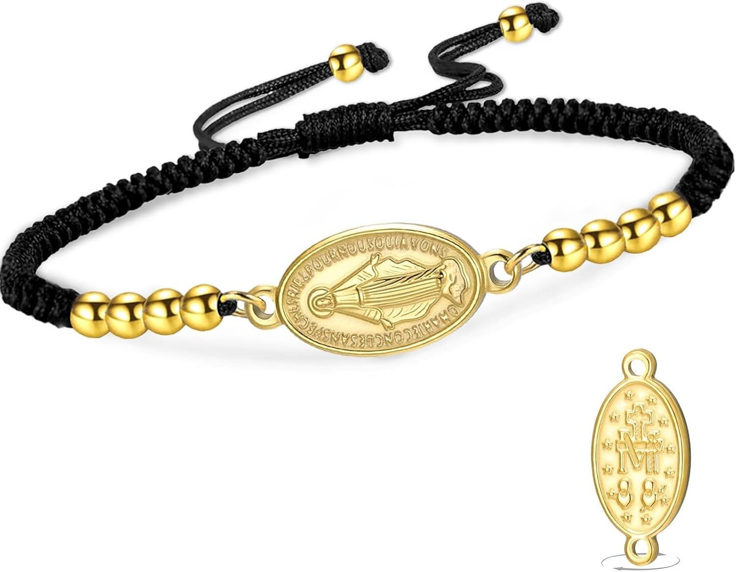 Wuufake Dispositivo portátil: pulsera doble cara con medalla de la Virgen de Guadalupe para hombre, cordón trenzado artesanal, joyería católica cristiana religiosa arte, gold 5