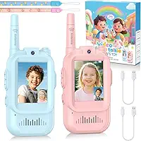 Walkie Talkie Infantil com Câmera, Chamada de Vídeo, Chat de Voz, Foto, Alcance 500m, Som Nítido, Efeitos Sonoros e Visuais, Brinquedo para Crianças, Recarregável, Azul (Rosa)