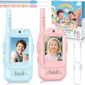 Walkie Talkie Infantil com Câmera, Chamada de Vídeo, Chat de Voz, Foto, Alcance 500m, Som Nítido, Efeitos Sonoros e Visuais, Brinquedo para Crianças, Recarregável, Azul (Rosa)