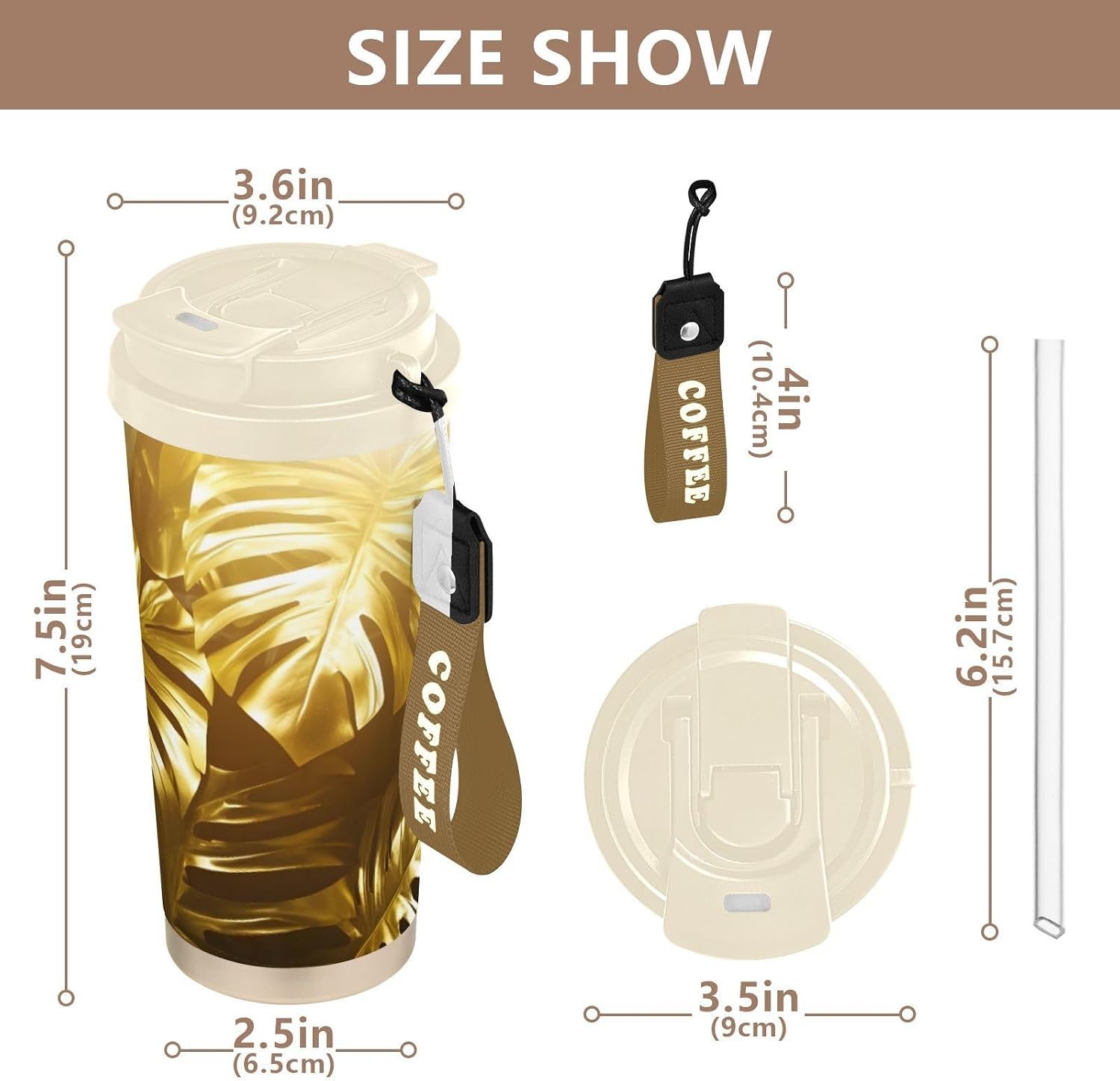 Palm Tree Gold Insulated Coffee Mug with Straw & Flip Lid, 16.9oz Iced Tumbler Cup, Double Wall Vacuum Leak-Proof Mug for Travel Office