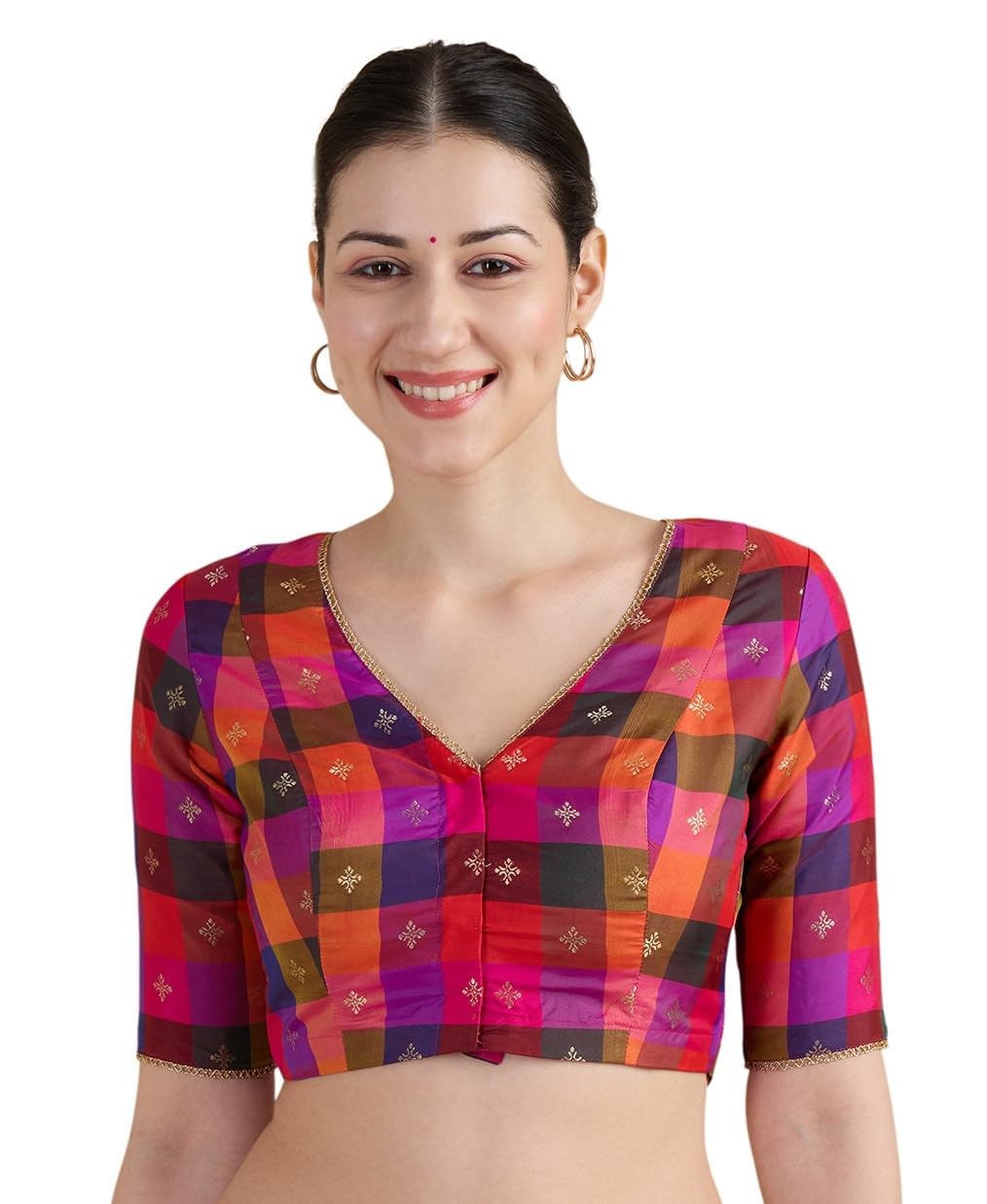 studio shringaar Multi-Coloured Traditional Art Silk Checkered 'V' Neck Saree Blouse with Peacock Motifs-picture-16