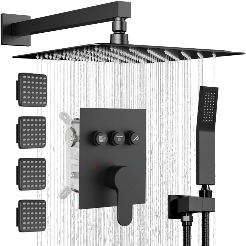 Shower System with Body Jets,Bostingner 3 Way Shower Faucet Set 12" Rain Shower Head with Handheld Spray, Can Use at Same Time,Push Button Diverter Shower Head Set Complete, Matte Black