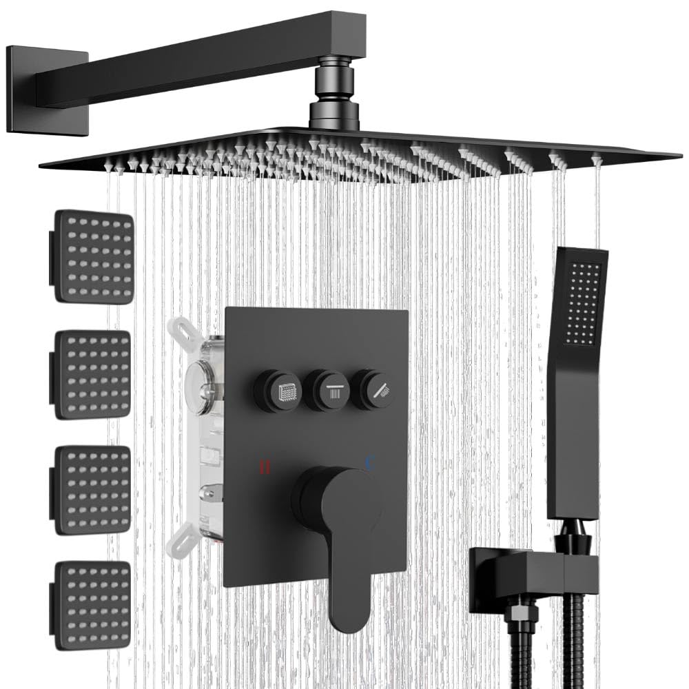 Shower System with Body Jets,Bostingner 3 Way Shower Faucet Set 12" Rain Shower Head with Handheld Spray, Can Use at Same Time,Push Button Diverter Shower Head Set Complete, Matte Black