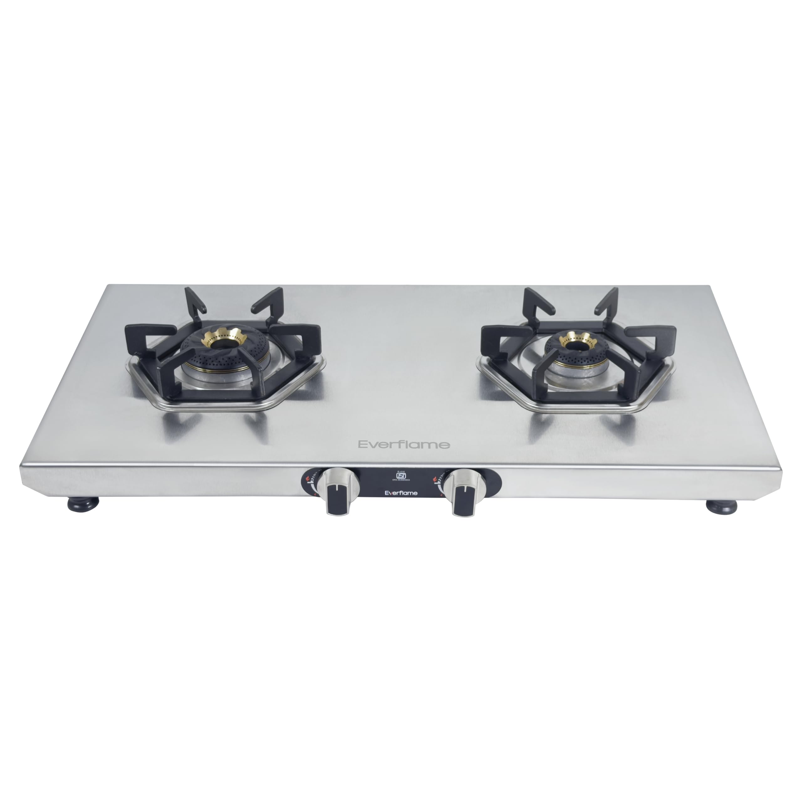 Everflame Hexon 2 Burner Stainless Steel Gas Stove | 2mm Jointless Body | 3D Forged Brass Burners | Euro Coated Pan Supports | Manual Ignition | ISI Certified | 2 Years Manufacturer Warranty