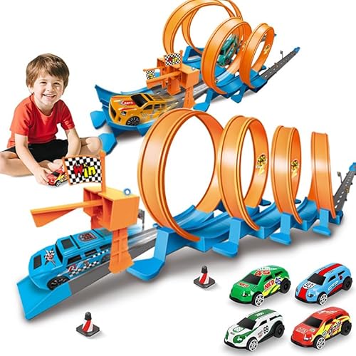 Action Loops Flexible Race Car Track Set – 70-Piece Slot Car Racing Track with 2 High-Speed Cars & 4 Action Loops, Compatible with 1/64 Diecast Vehicles, Kids Toy for Ages 3+