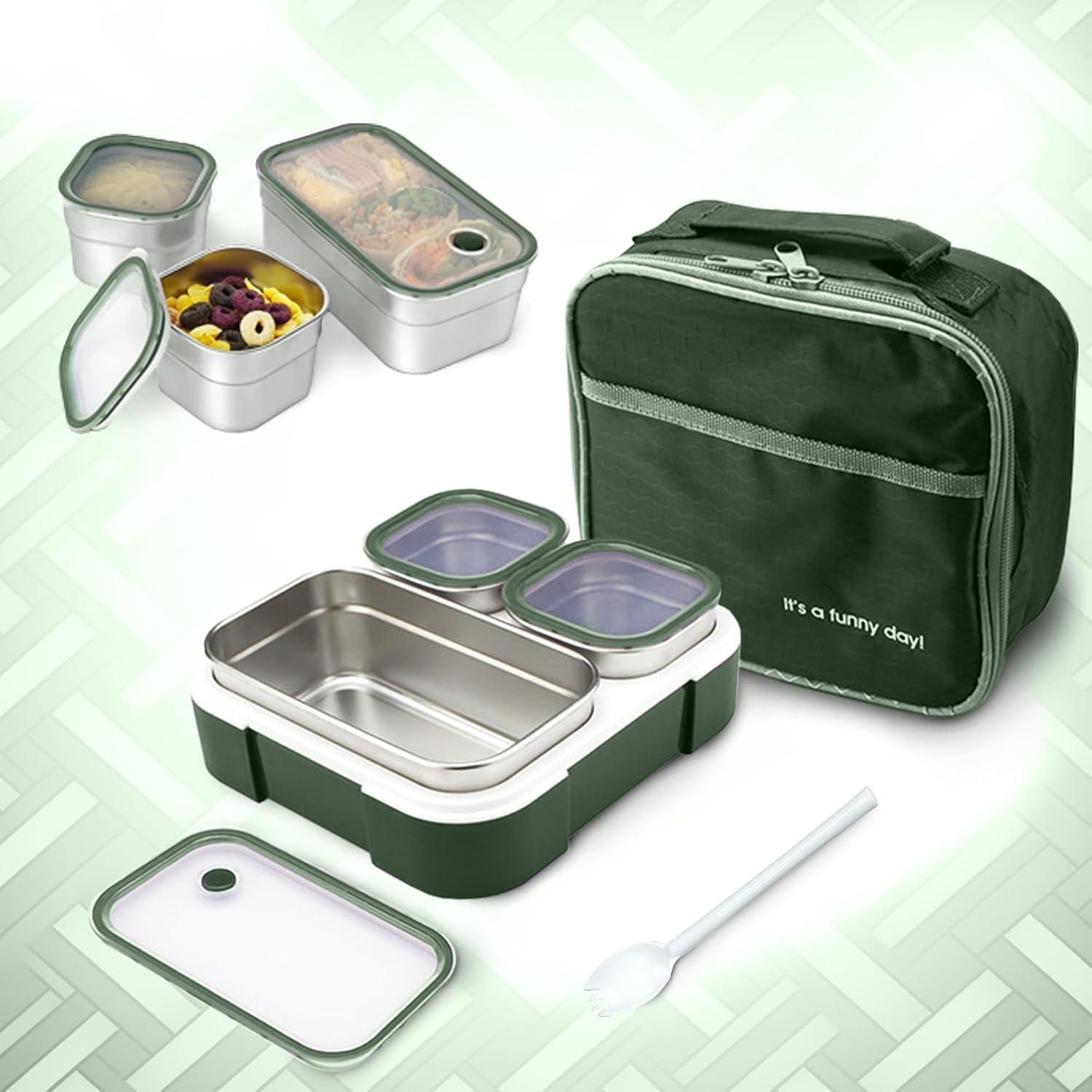Stainless Steel Lunch Box for Kid School, Bento Lunch Box with Tableware & Bag, 3 Compartment Divided Lunch Containers with Lids, Leakproof | BFA Free | Dishwasher Safe - color may vary - for KIDS Prime Green - 720 ml
