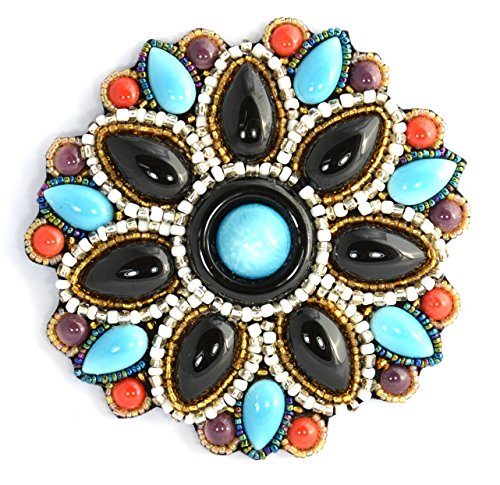 Broche porcelaine grande fleur noire et turquoise façonnée main